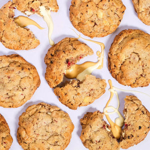 Raspberry White Chocolate New York Cookie with caramelised white chocolate and fresh raspberry pieces by Crumbs & Doilies